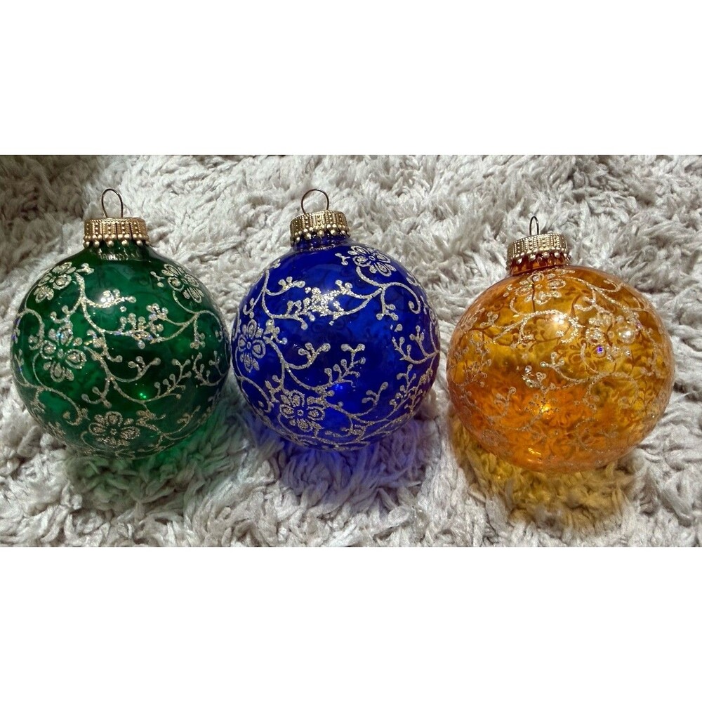 Vtg Christmas By Krebs 3 Glitter Floral Ball Ornaments Orange Blue Green